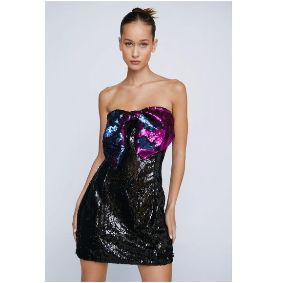 NASTY GAL Sparkly Metallic SEQUIN BODYCON DRESS Lg Bow Accent (US 2) Petite NWT - Picture 1 of 4